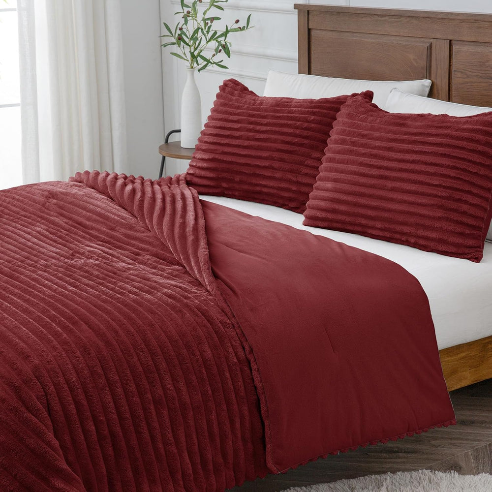 BEDELITE Fleece Queen Comforter Set, Fluffy Bed Set, Burgundy