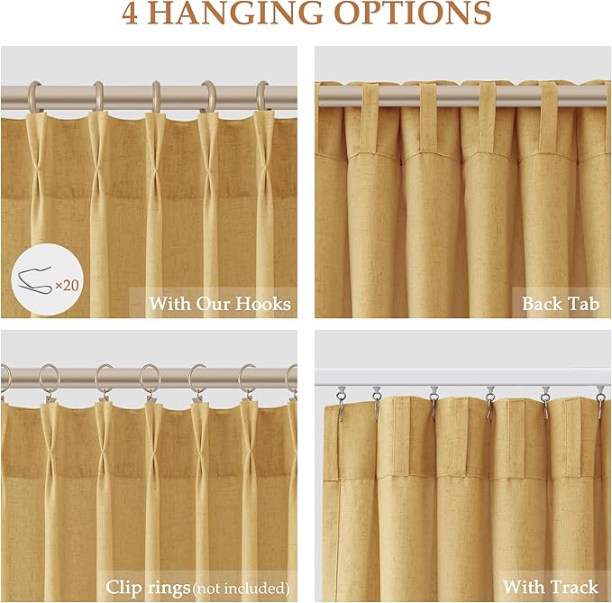 Gold Yellow Pinch Pleated Linen Curtains 108 Inch Length 2 Panels - Image 5