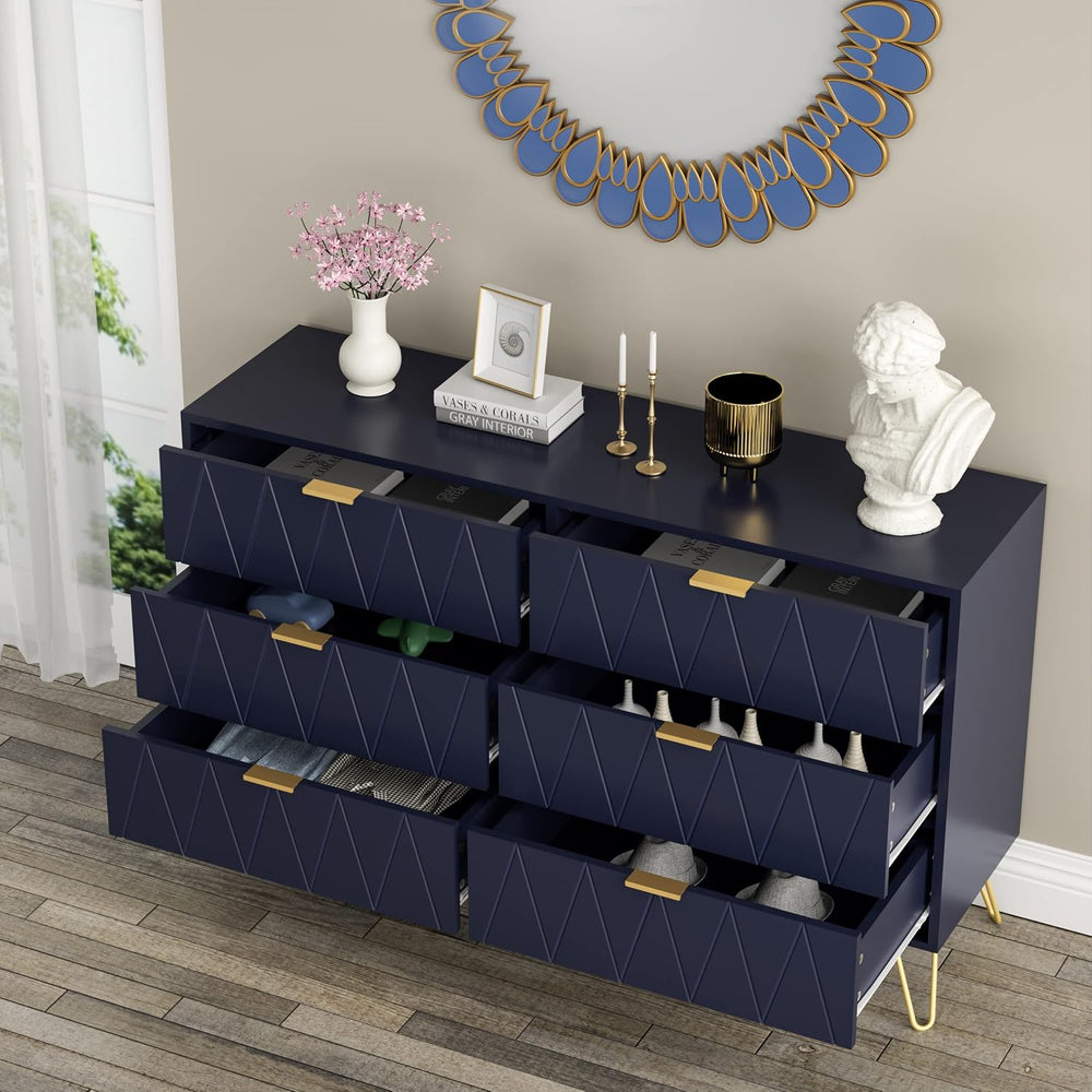 Anbuy Navy Large Dresser 6 Drawer Dresser for Bedroom, Chest of Drawer with 6...