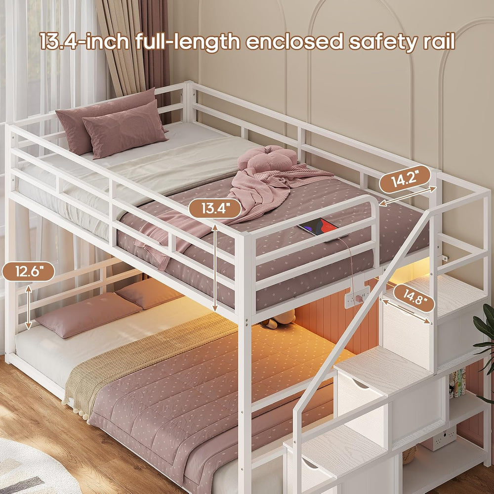 ADORNEVE Low Bunk Bed Twin Over Twin with Storage Stairs, White