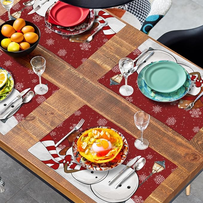 Red Snowman Snowflake Christmas Placemats Set of 4 Seasonal Winter Linen Table - Image 7