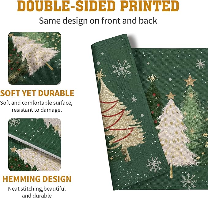 Green Christmas Tree Placemats Set of 4, 12x18 Inch Xmas Trees Snowflakes - Image 5