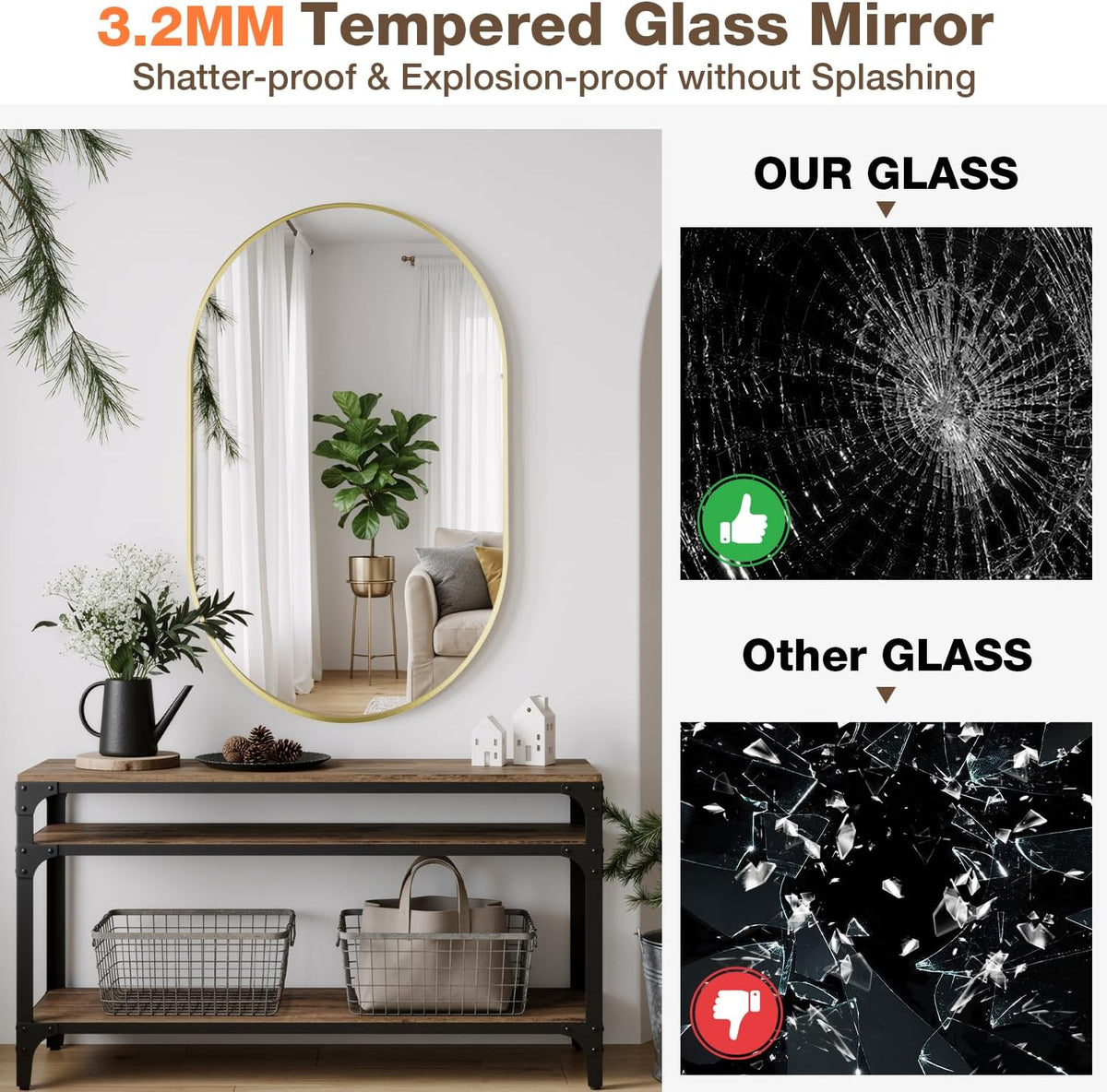 16"x24" brushed gold oval bathroom mirror for over, side view