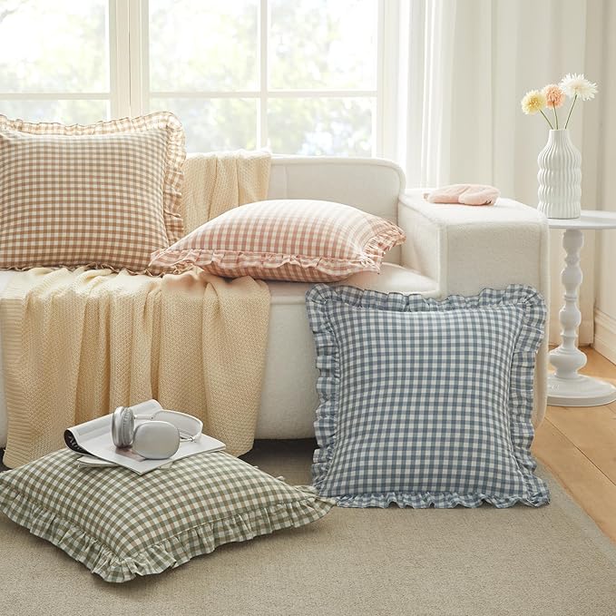 KKJIAF Ruffle Gingham Pillow Covers 26 x 26 Inches, Cotton Plaid Throw Pillow - Image 4