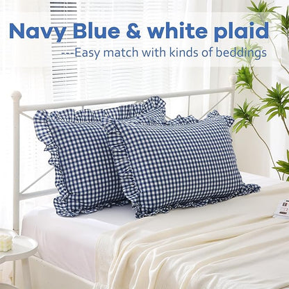 2 Pack Navy Blue White Plaid Ruffle Gingham Pillow Shams Standard Size - Image 2
