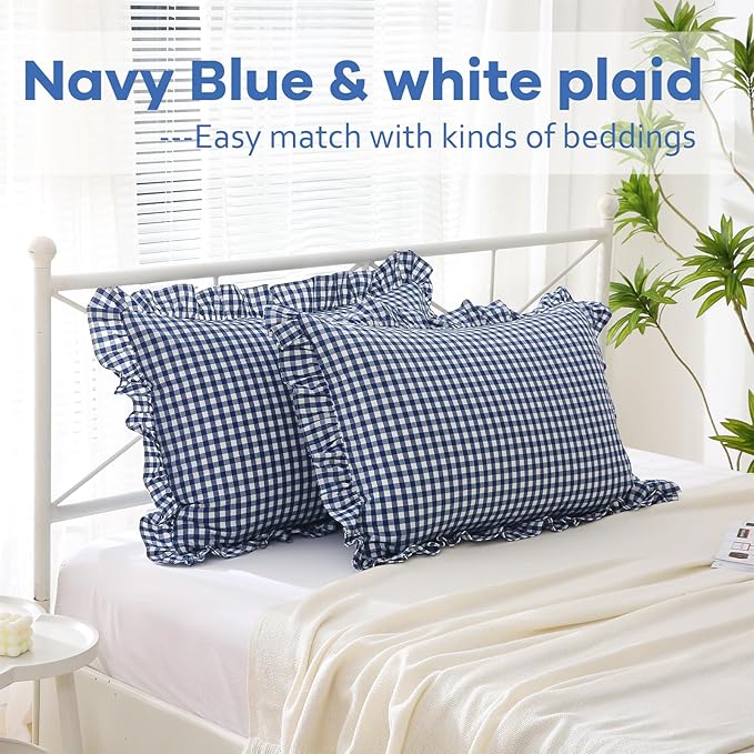 2 Pack Navy Blue and White Plaid Ruffle Gingham King Size Pillow Shams - Image 2