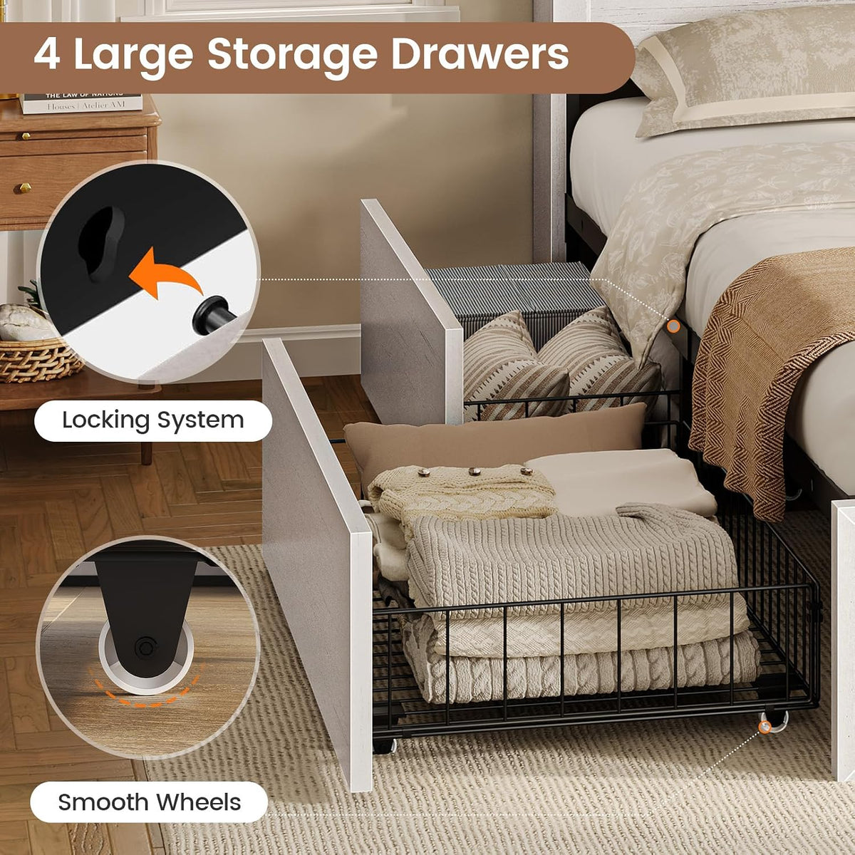viagdo full bed frame with headboard and storage on a desk or shelf