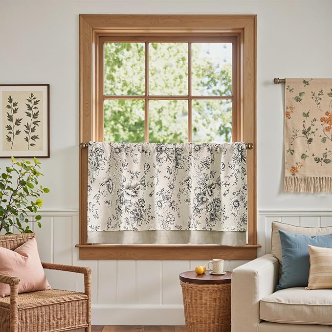jinchan Linen Kitchen Curtain 24 Inch French Floral Double Layer Curtain - Image 2