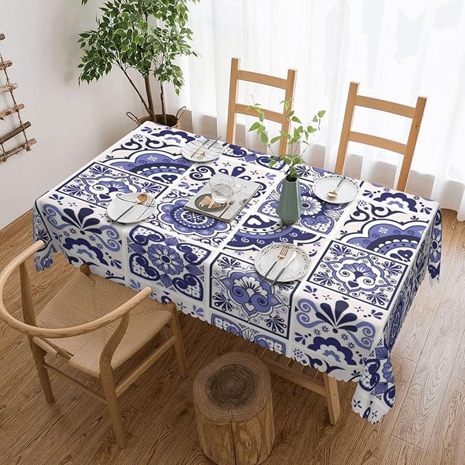 Talavera Mexican Tiles Tablecloth Navy Blue Flowers Leaves Hearts and Swirls - Image 5