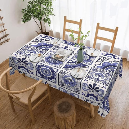 Talavera Mexican Tiles Tablecloth Navy Blue Flowers Leaves Hearts and Swirls - Image 5