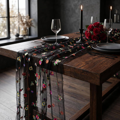 Black Embroidered Floral Daisy Tulle Table Runner Halloween 10FT 6 Pack