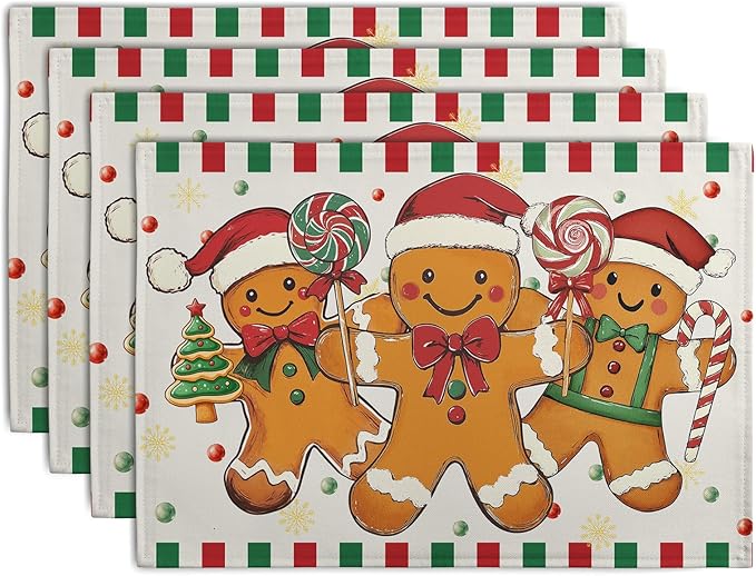 Gingerbread Man Christmas Placemats Set of 4 Candy Cane Xmas Seasonal Holiday by Wnoesat