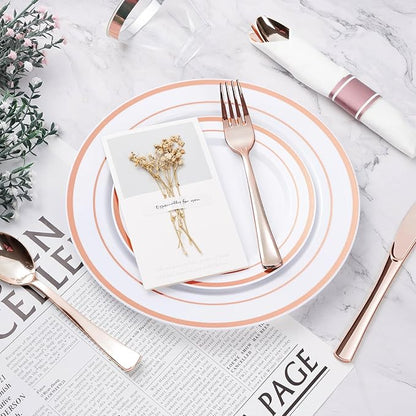 BESTVIP 350PCS Rose Gold Plastic Dinnerware Set, Disposable Party Plates for 50 Guests, Include: 100 Plastic Plates, 50 Pre Rolled Napkins with Rose Gold Silverware, 50 Cups for Christmas, Halloween