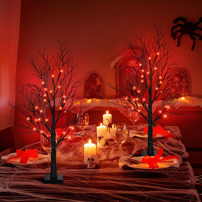 Halloween Decorations Indoor 2 Pack 24 Inch Black Halloween Tree with 48 Orange Red Led Lights, Timer/USB/Battery Operated Lighted Tabletop Spooky Tree for Halloween Table Decor Home Office Party