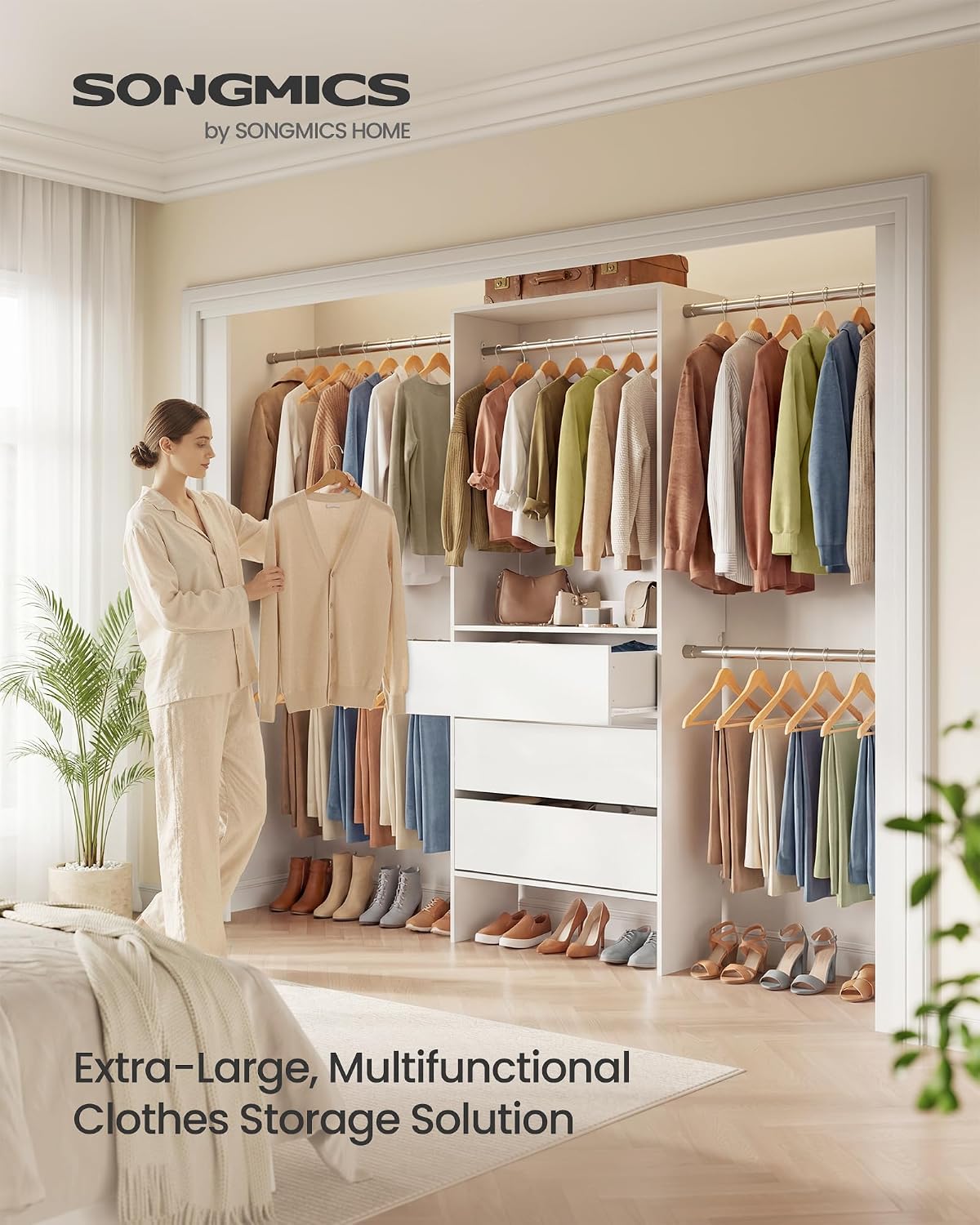 songmics closet system, customizable walk-in closet organizer system shown in use