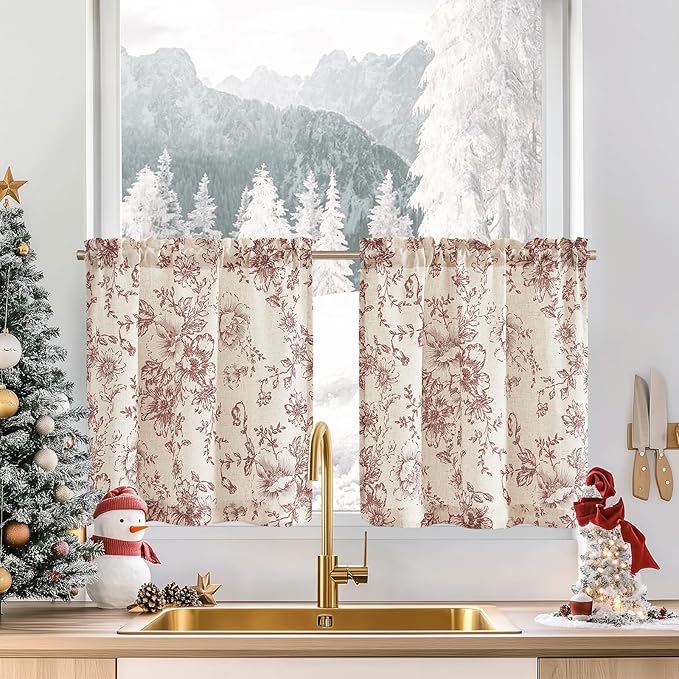 jinchan Floral Linen Tier Curtains Floral Brick Red on Beige Christmas by JINCHAN