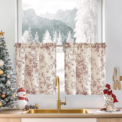 jinchan Floral Linen Tier Curtains Floral Brick Red on Beige Christmas by JINCHAN