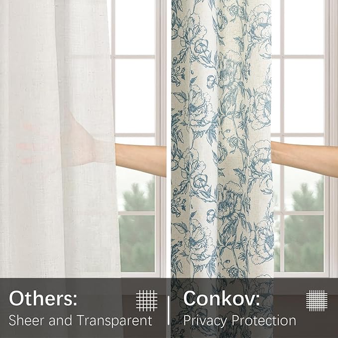 Blue Floral Curtains Farmhouse Linen 84 Inches Length Grommet Top Curtain - Image 6