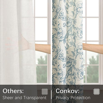 Blue Floral Curtains Farmhouse Linen 84 Inches Length Grommet Top Curtain - Image 6