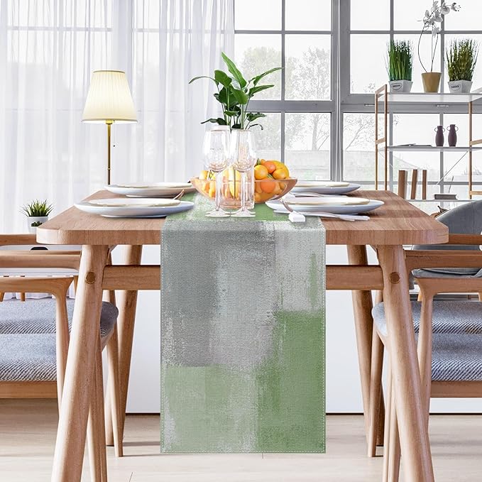 Emvency Farmhouse Table Runner, Vintage Green and Grey Abstract Art Painting - Image 5