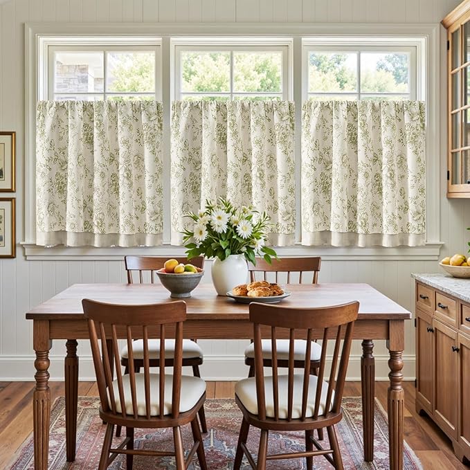 jinchan Linen Kitchen Curtain 36 Inch French Floral Double Layer Curtain - Image 4