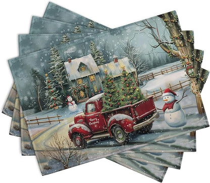 Red Truck Xmas Tree Snowman Christmas Placemats Set of 4 Winter Snowflake - Image 2