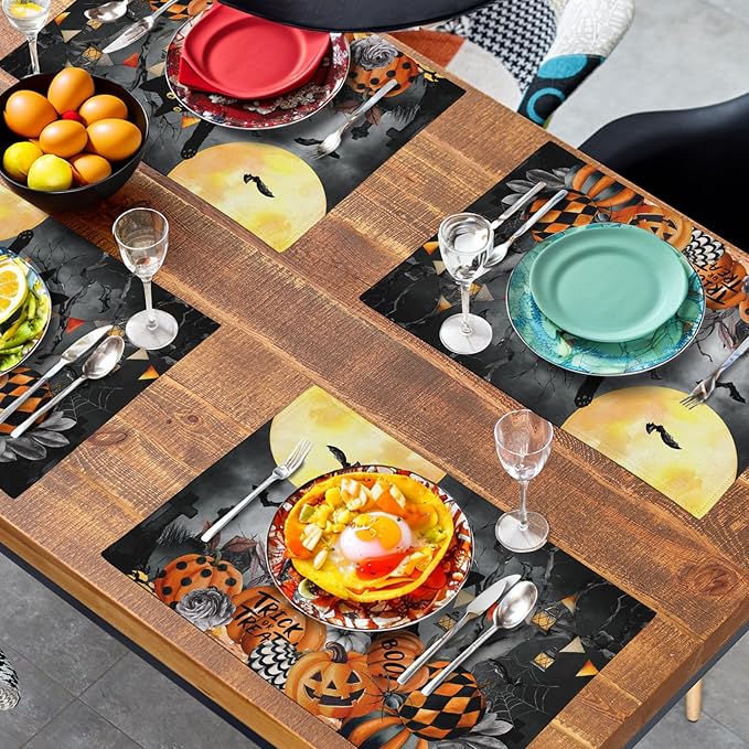 Black Cat Halloween Placemats Set of 4 Spooky Pumpkin Boo Bat Moon Horror Place - Image 7