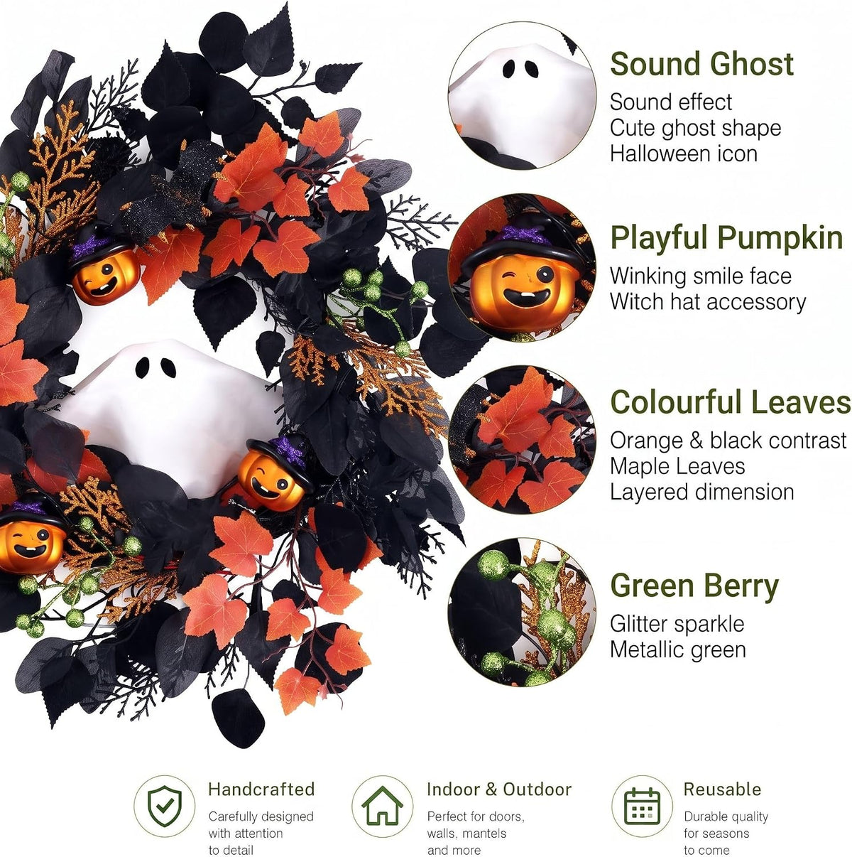DecorbyHannah 20'' Halloween Wreath for Front Door with Lights Ghost Decor