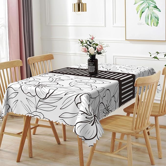 54x108inches Floral Rectangle Tablecloth Black and White Sketch Floral Printed by TTQYFNM