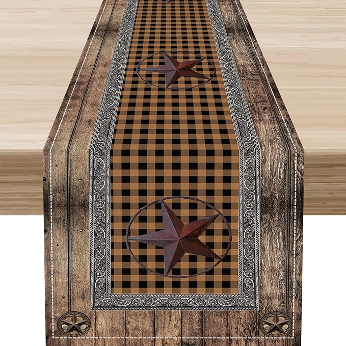 Western Table Runner, Rustic Texas Star Wooden Plank Buffalo Plaid Farmhouse by Unknown