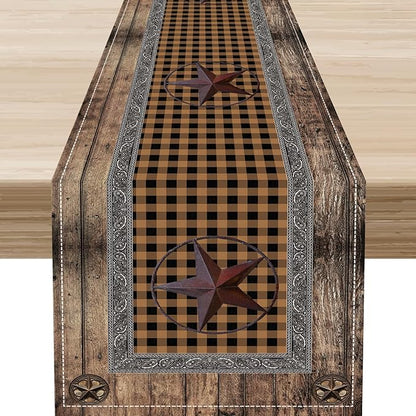 Western Table Runner, Rustic Texas Star Wooden Plank Buffalo Plaid Farmhouse by Unknown