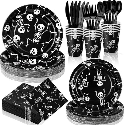 210 Pcs Halloween Skeleton Plates and Napkins Party Supplies for 30 Guests