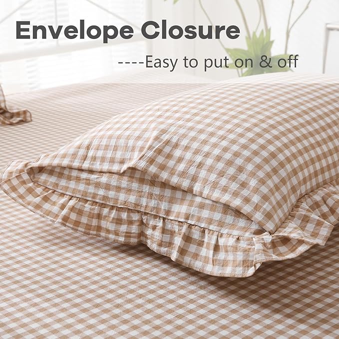2 Pack Taupe White Plaid Ruffle Gingham King Size Pillow Shams, 100% Yarn-Dyed - Image 5