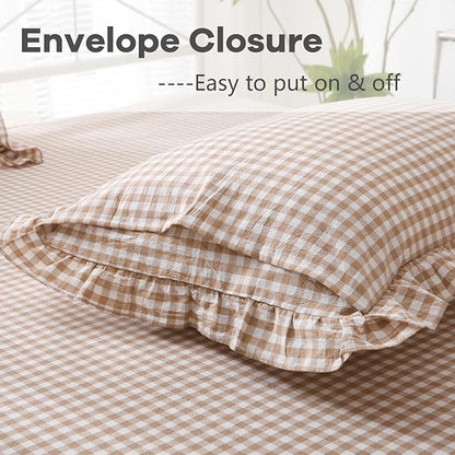 2 Pack Taupe White Plaid Ruffle Gingham King Size Pillow Shams, 100% Yarn-Dyed - Image 5