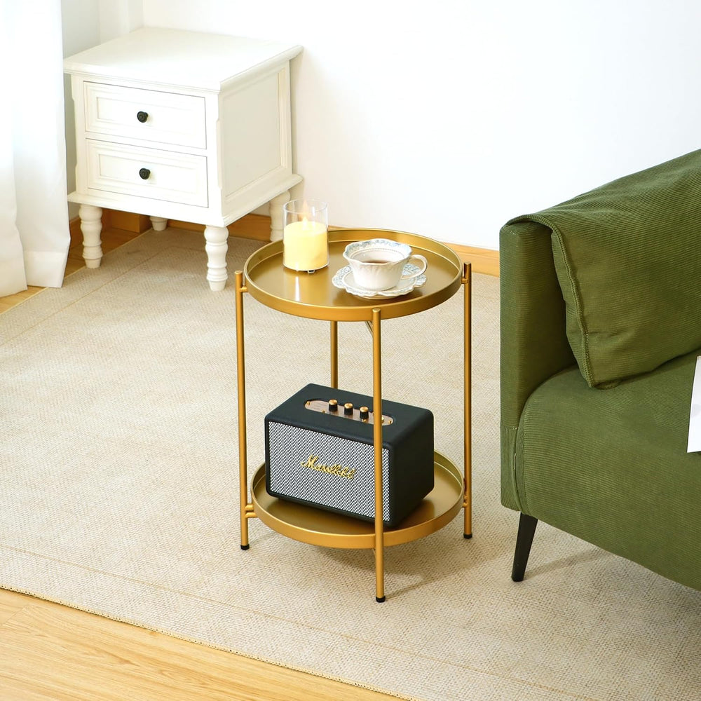2-Tier Round End Side Table, Small Metal Side Table with Removable Tray, Fold...