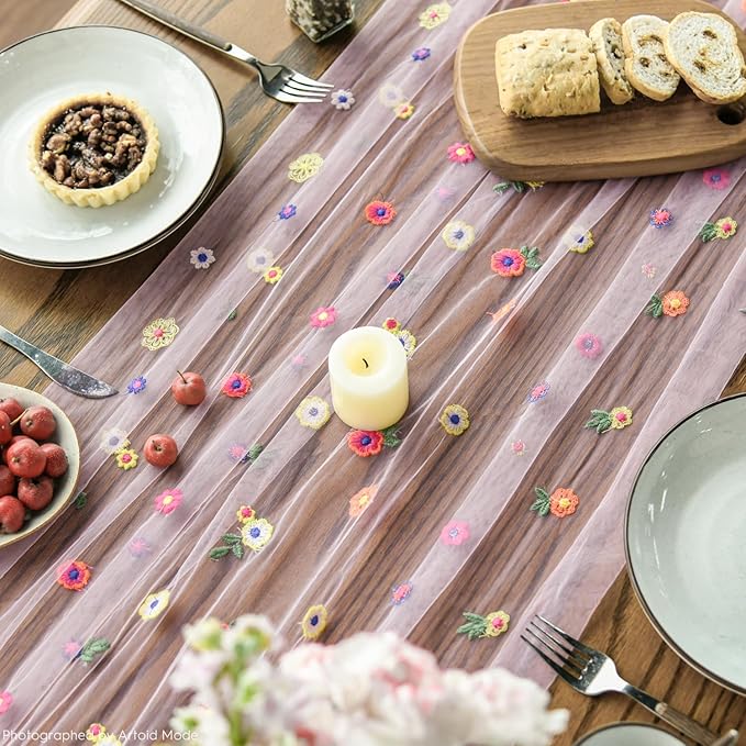 Artoid Mode Pink Embroidery Daisy Spring Gauze Table Runner 59x120 Inch 10FT - Image 5