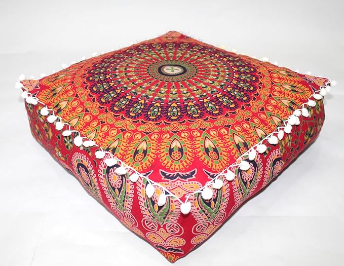 CRAFT KALA Red Peacock Large Hippie Mandala Meditation Floor Ottoman Pillow - Image 5