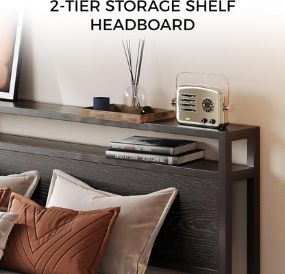 likimio queen bed frame with 2-tier storage shelf, close-up detail