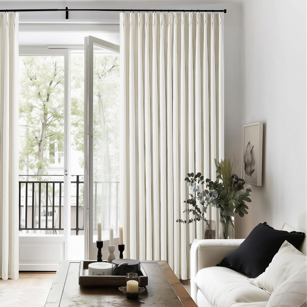 90 Inch Pinch Pleated Linen 100% Blackout Curtains 2 Panels Cream Natural