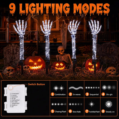 Halloween Skeleton Arm Stakes 4‑Pack, 160 White LED Battery‑Powered Lights