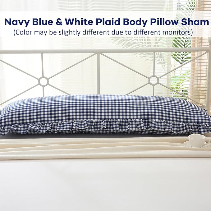 Navy Blue White Plaid Ruffled Gingham Body Pillow Cover, 100% Washed Cotton - Image 2