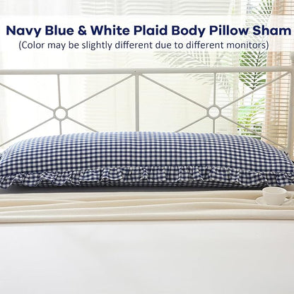 Navy Blue White Plaid Ruffled Gingham Body Pillow Cover, 100% Washed Cotton - Image 2