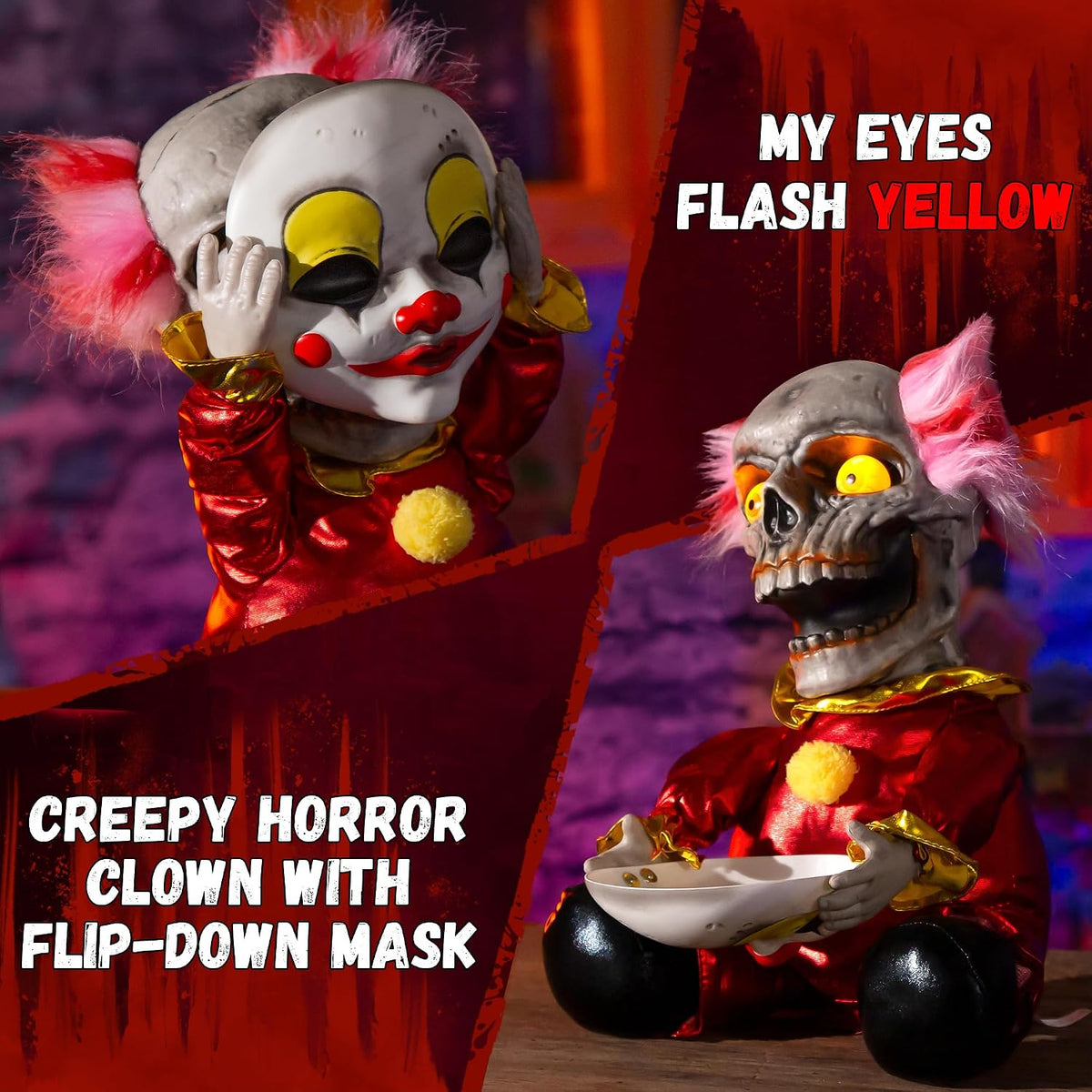 Halloween Animatronic Face Ripping Clown Decorations, Sound Activated Demonic Clown Figure with Flip-Up Skull, Creepy Voice Circus Prop for Indoor Outdoor Haunted House Yard Party Table Decor