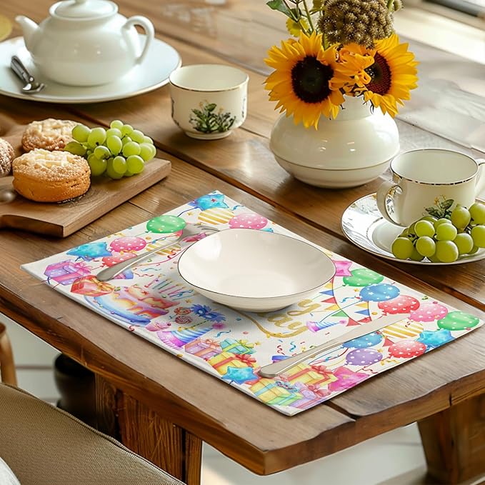 Happy Birthday Placemats Set of 4 Colorful Balloons Confetti Cake Linen Table - Image 6
