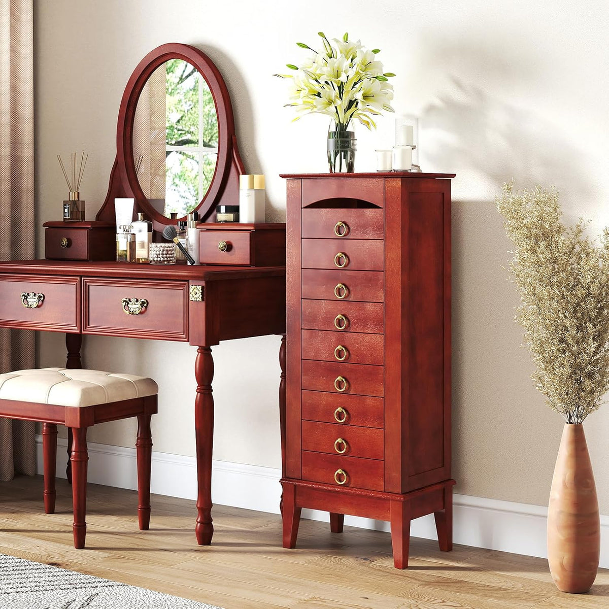 giantex standing jewelry cabinet with 9 drawers, flip shown in use