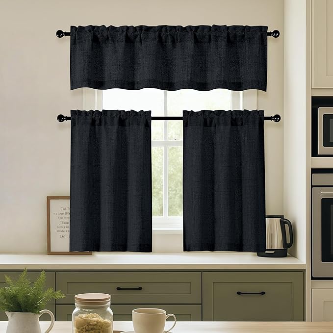 OVZME Black Valance for Windows, Light Filtering Faux Linen Textured Small - Image 2