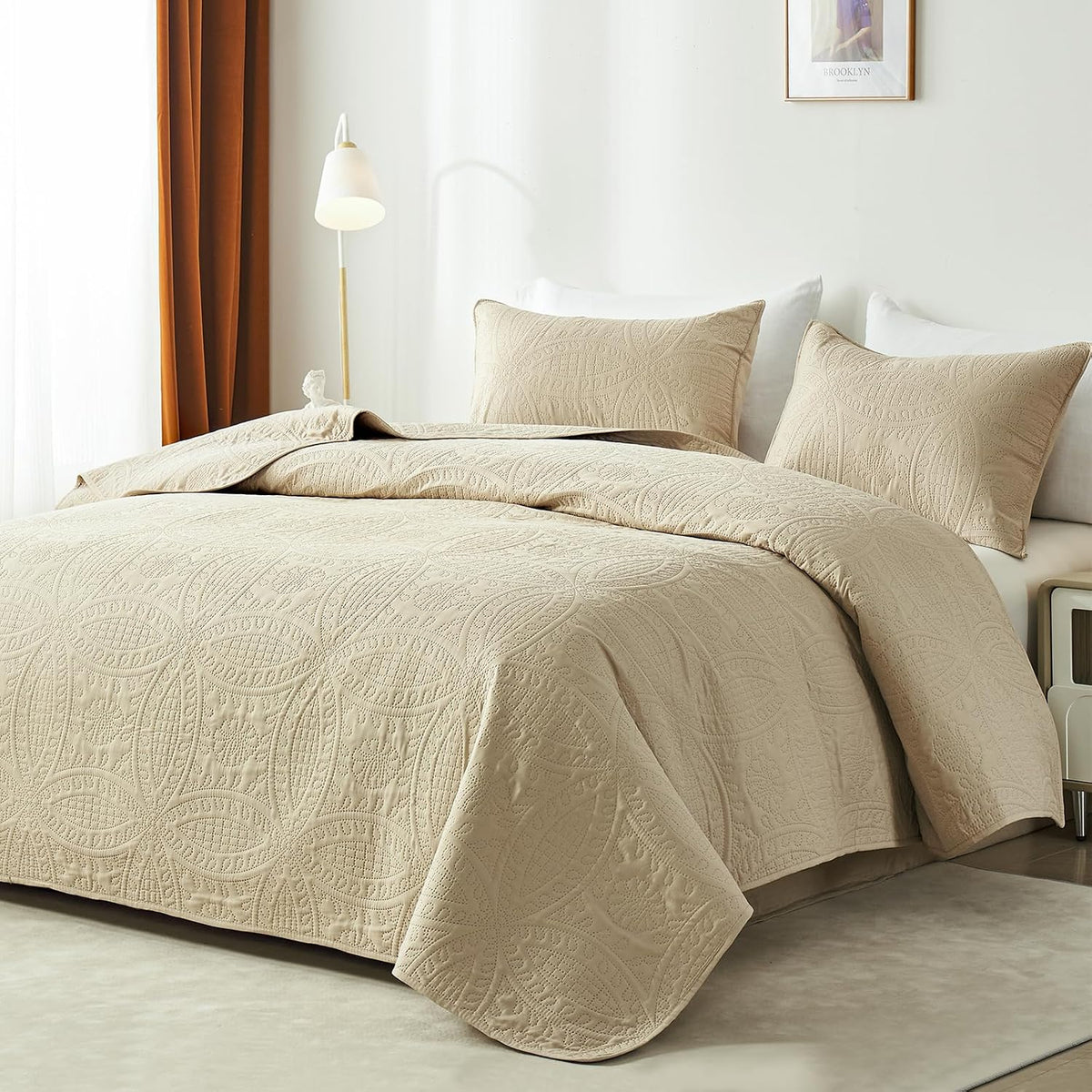 akkialla king quilt bedding set,beige ultrasonic king/cal king shown in use