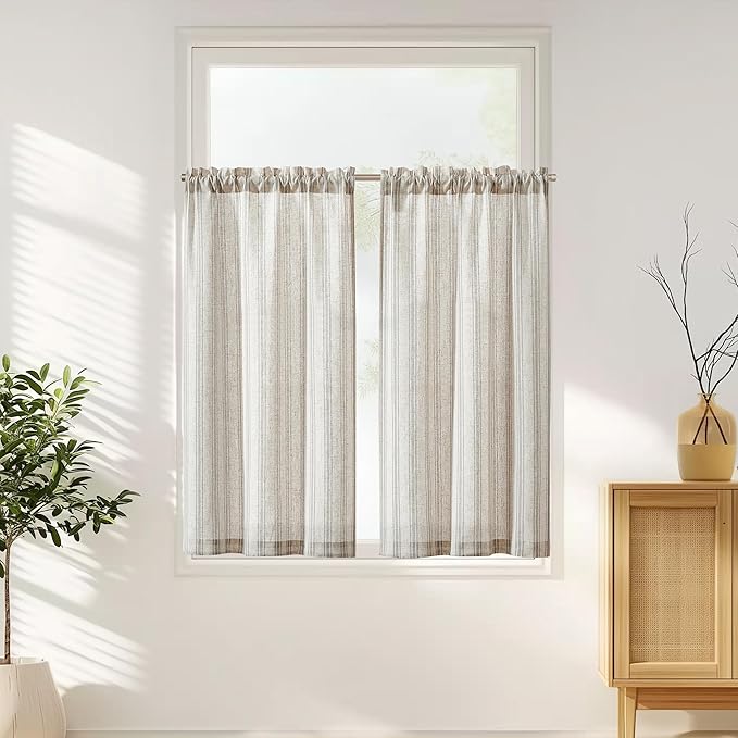 jinchan Gray Striped Linen Kitchen Curtains 45 Inch Cafe Tier Curtains Balanced by JINCHAN