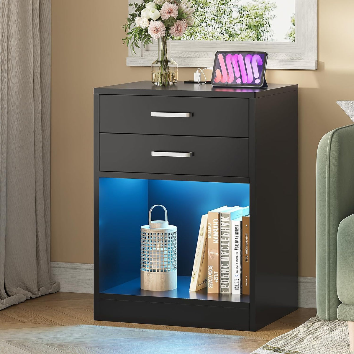 adorneve black nightstand set of 2,led bedside table on a desk or shelf