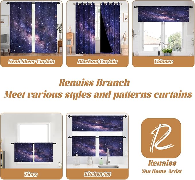 Renaiss 26 x 45 Inch Purple Galaxy Kitchen Window Curtains Tier Outer Space - Image 8